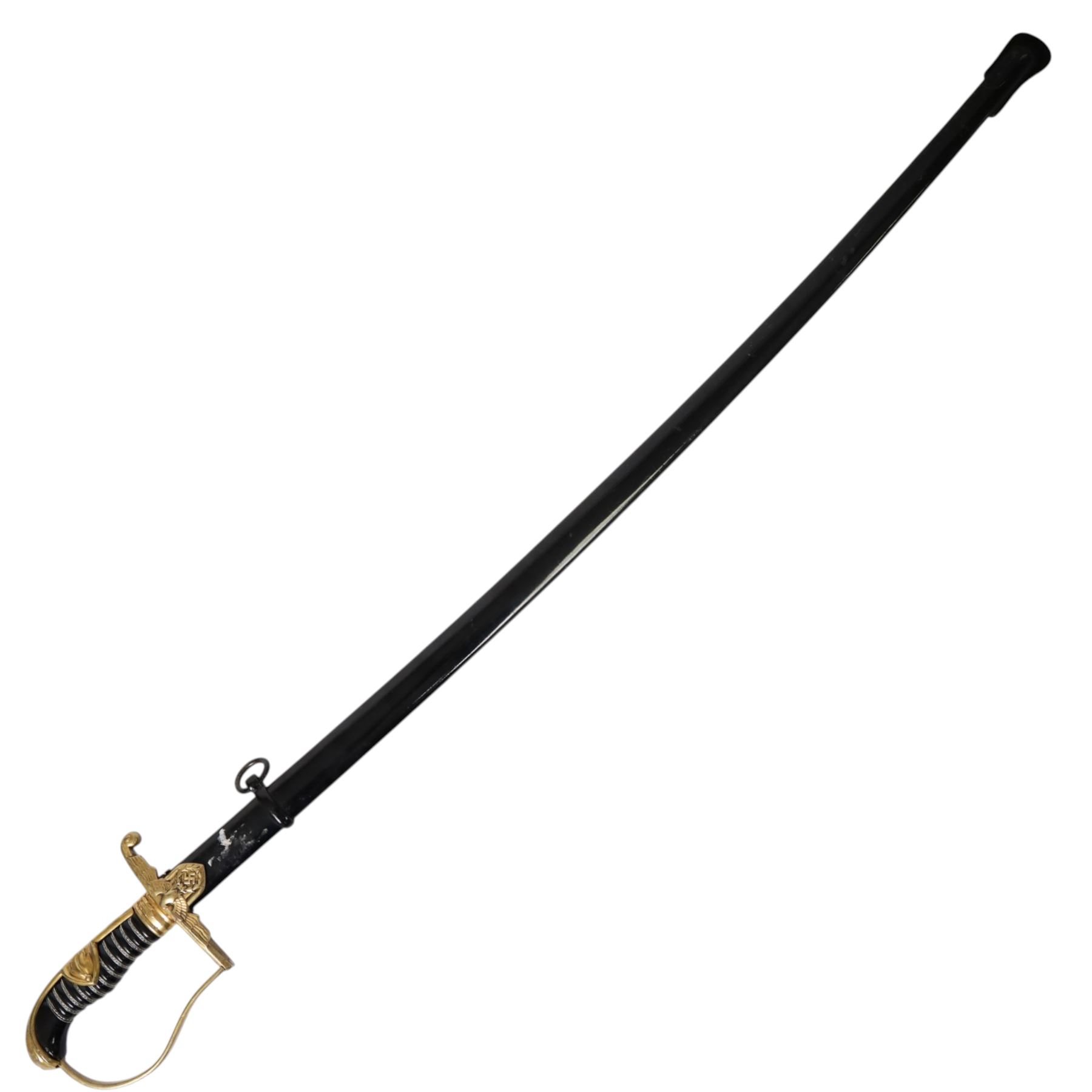 WWII German Army Prinz Eugen Pattern Officers Dress Sword by Carl Eickhorn, the 76cm slightly curving fullered blade with makers name to the ricasso, with gilt brass grip with eagle to the crossguard, guard with relief of oakleaves, Prinz Eugen style down winged eagle to the pommel of the backstrap, in original black painted scabbard with single hanging ring, overall L94cm