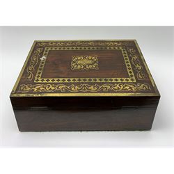 Victorian rosewood vanity box, with scrolling foliate brass inlay and twin brass inset campaign style handles, the hinged cover opening to reveal a gilt tooled interior with divisions, L33cm D22.5cm H13cm