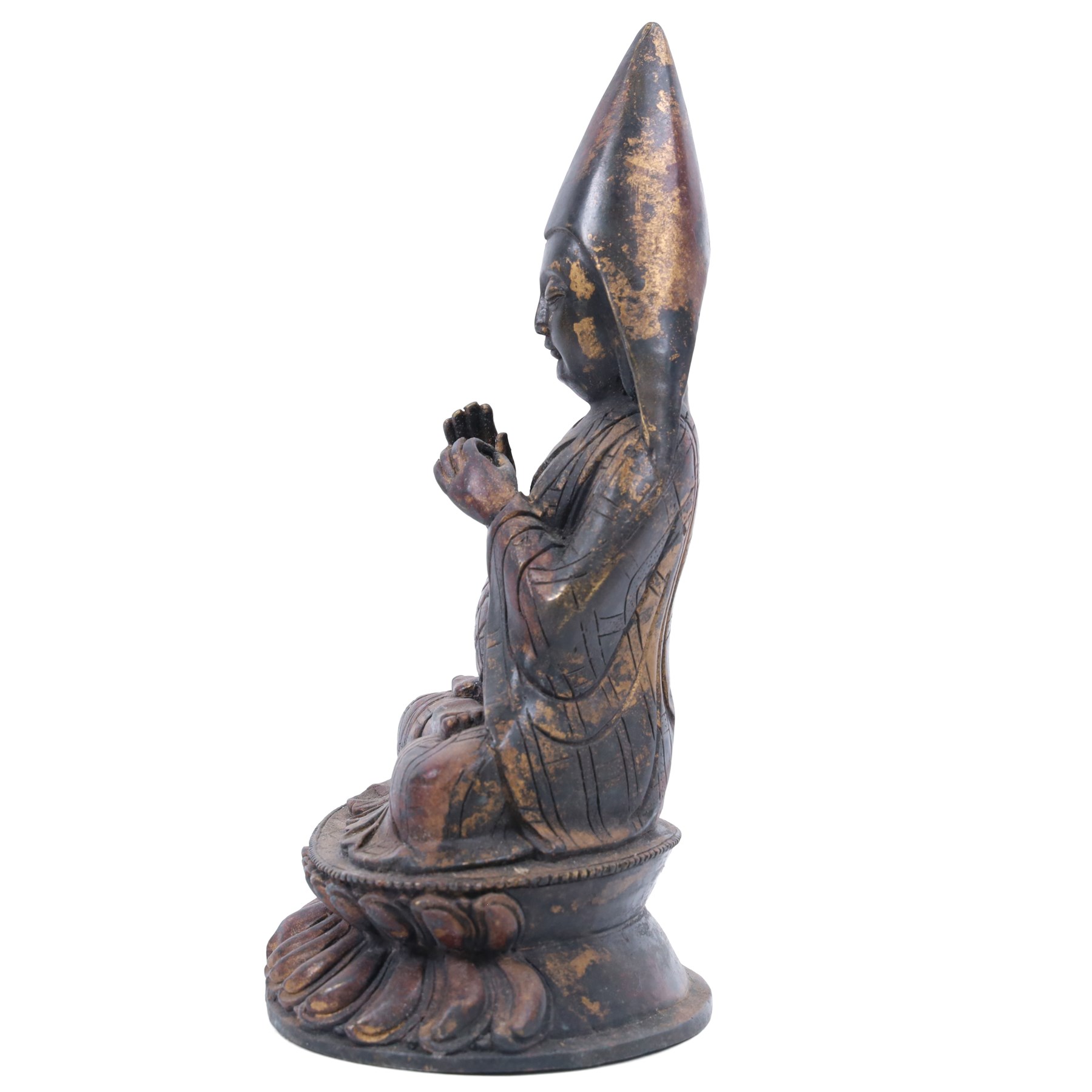 20th century bronzed Tibetan figure Tsongkhapa, seated upon a double lotus leaf, H30cm