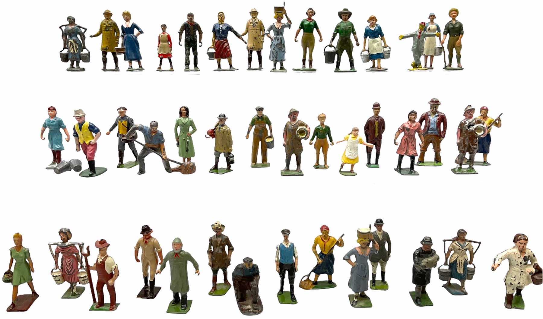 Forty-three lead farm figures by Timpo, Britains, J. Hill & Co etc including farmer, milk maids, farm workers, shepherds, Land Girls, scarecrow etc