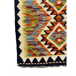 Chobi Kilim runner, geometric design decorated with six lozenges, multi-coloured ground