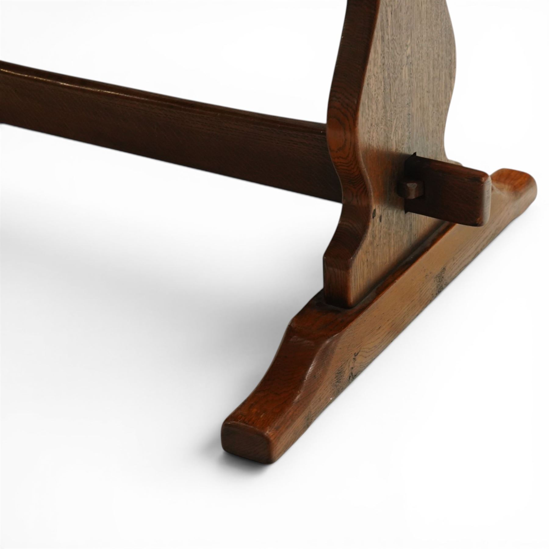 Batheaston Bespoke Furniture Harrogate - 17th century design oak refectory dining table, rectangular top raised on shaped end supports with sledge feet, united by pegged stetcher