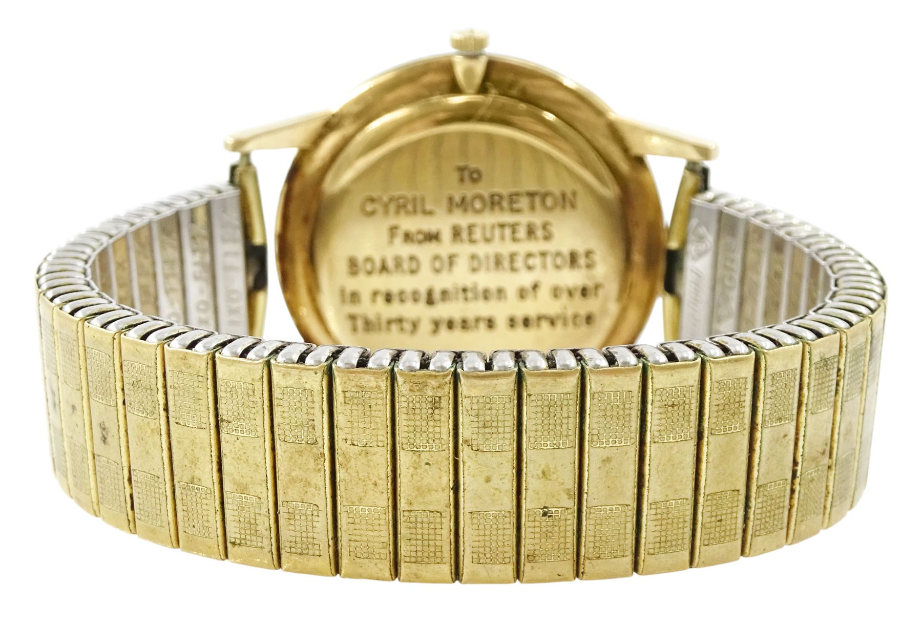 Longines gentleman's 9ct gold manual wind presentation wristwatch, Cal. 420, silvered dial with baton hour markers and subsidiary seconds dial, London 1965, on expanding gilt bracelet