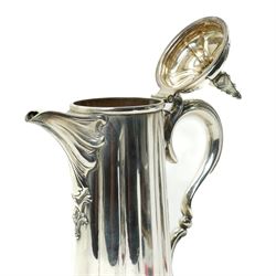 Large silver plated flagon probably by James Dixon with tapering lift, scroll handle and spreading lobed base H37cm, plated chalice with gilded interior by the same maker H21cm, plate chest with baize lined interior and countersunk handles W52cm and a pine stationery box