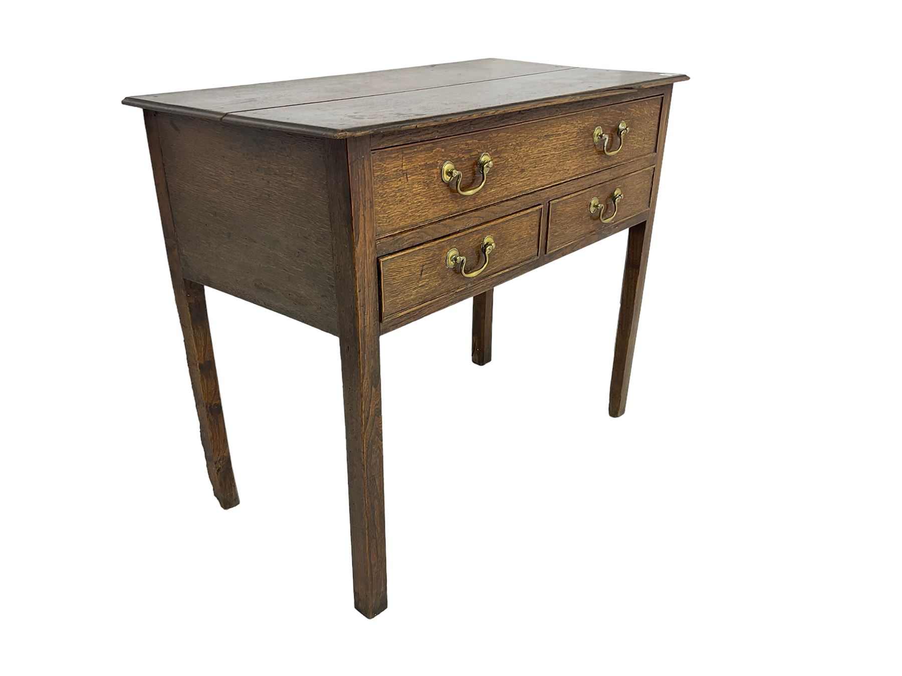 Georgian oak lowboy, rectangular moulded top over three drawers, on square supports
