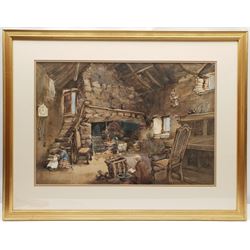 English School (Early 20th century): Figures in a Stone Cottage Interior, watercolour unsigned 39cm x 58cm