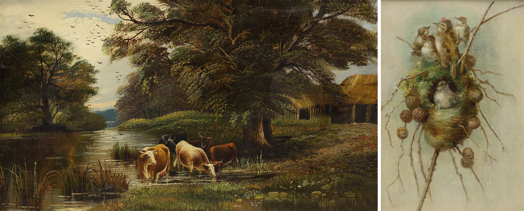 J Morris (British 19th century): Cows Grazing in a River, oil on canvas signed 29cm x 50cm; English School (19th century): Family of Birds, oil on canvas unsigned 32cm x 22cm (2)