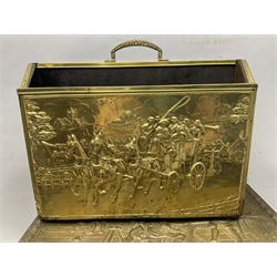 Pair of brass and iron fire dogs, together with brass coal box embossed to the lid with figures and a brass magazine rack, coal box H32cm