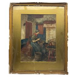 Anton Abraham Van Anrooy (Dutch 1870-1949): Interior Scene of Old Woman Peeling Potatoes, watercolour signed and dated '01, 40cm x 30cm 