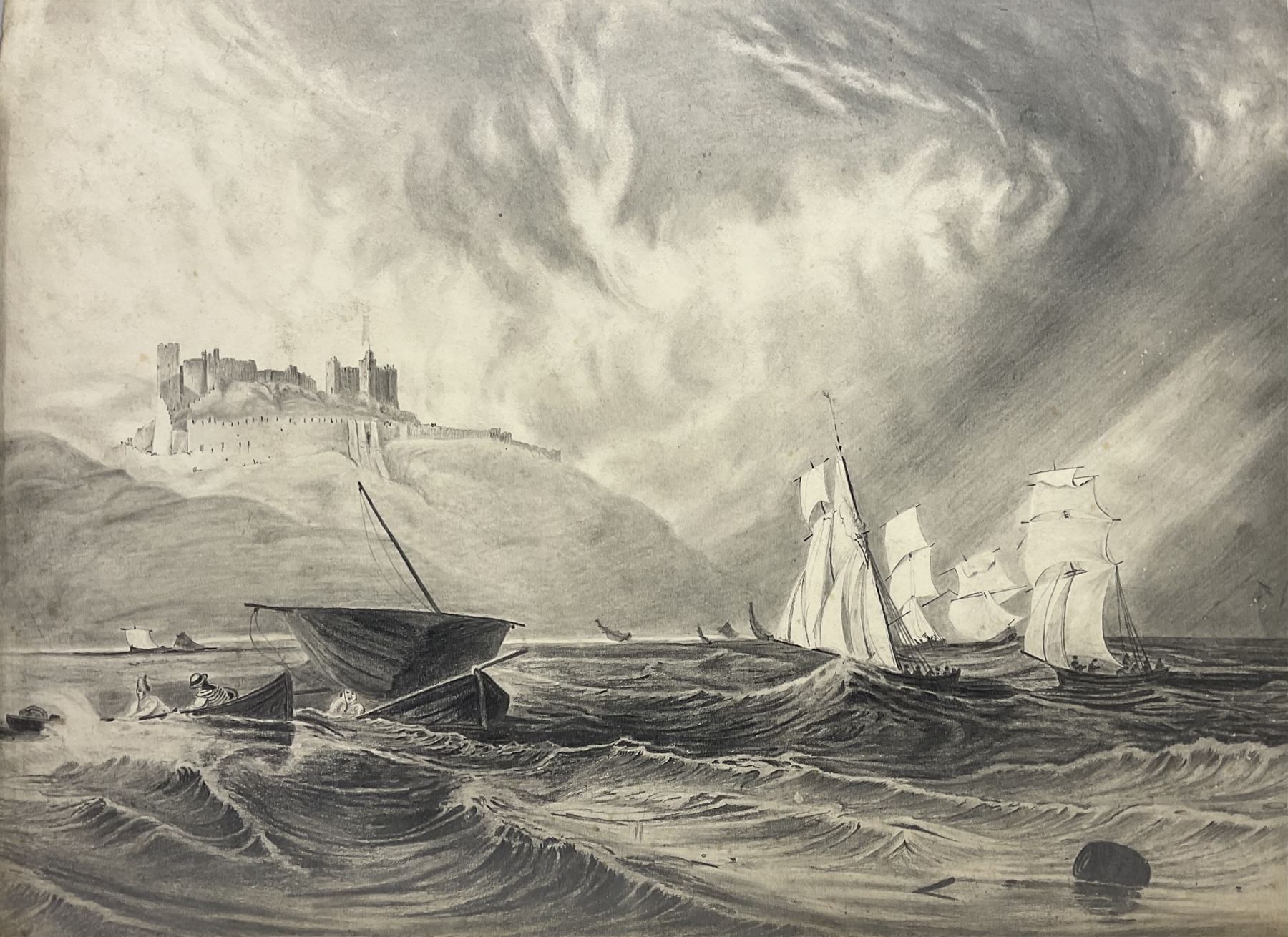 George Balmer (British 1806-1846): 'Dunstanborough Castle' Berwick' 'Blyth' & 'Bamborough Castle', five pencil sketches highlighted in brown and white on grey paper signed titled and dated 1835, 23cm x 32cm; 'Bamborough Castle', 19th century pencil unsigned 34cm x 45cm (unframed) (6)