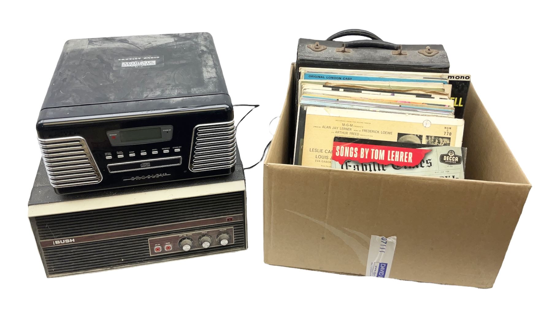 Reproduction Crosley radio record player, together with a vintage Bush table top record plater, and a quantity of vinyl records 