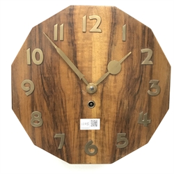  Art Deco wall timepiece, twelve sided walnut dial with brass Arabic numerals, H30cm, and a vintage Seiko wall clock, 30 day movement quarter striking on rods, H44cm (2)  