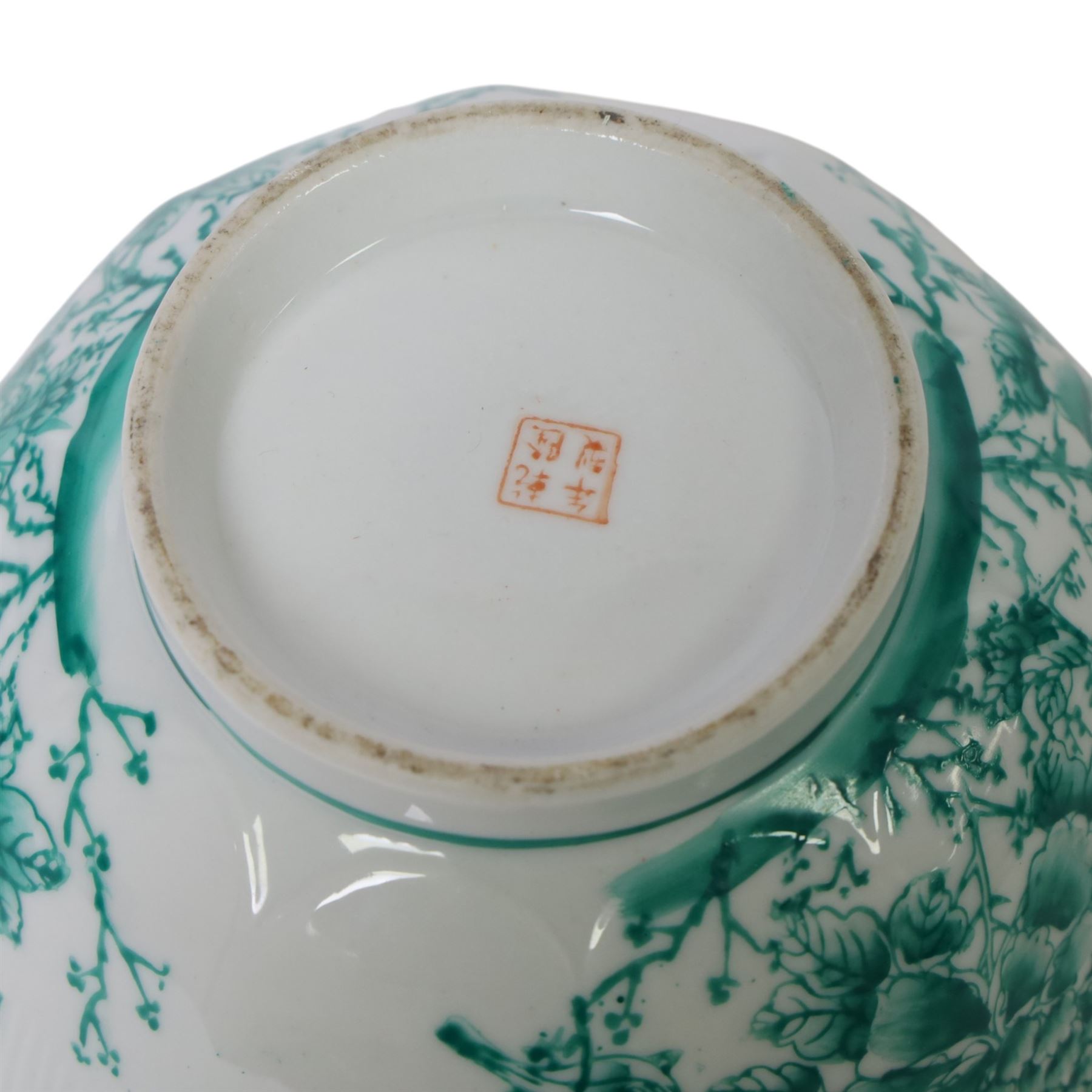 20th century Chinese bowl, of circular form with lobed lotus style rim, decorated in bright green enamel with peony blossoms, butterflies and birds, to the exterior and interior, with iron red seal mark to base, H9cm D20cm