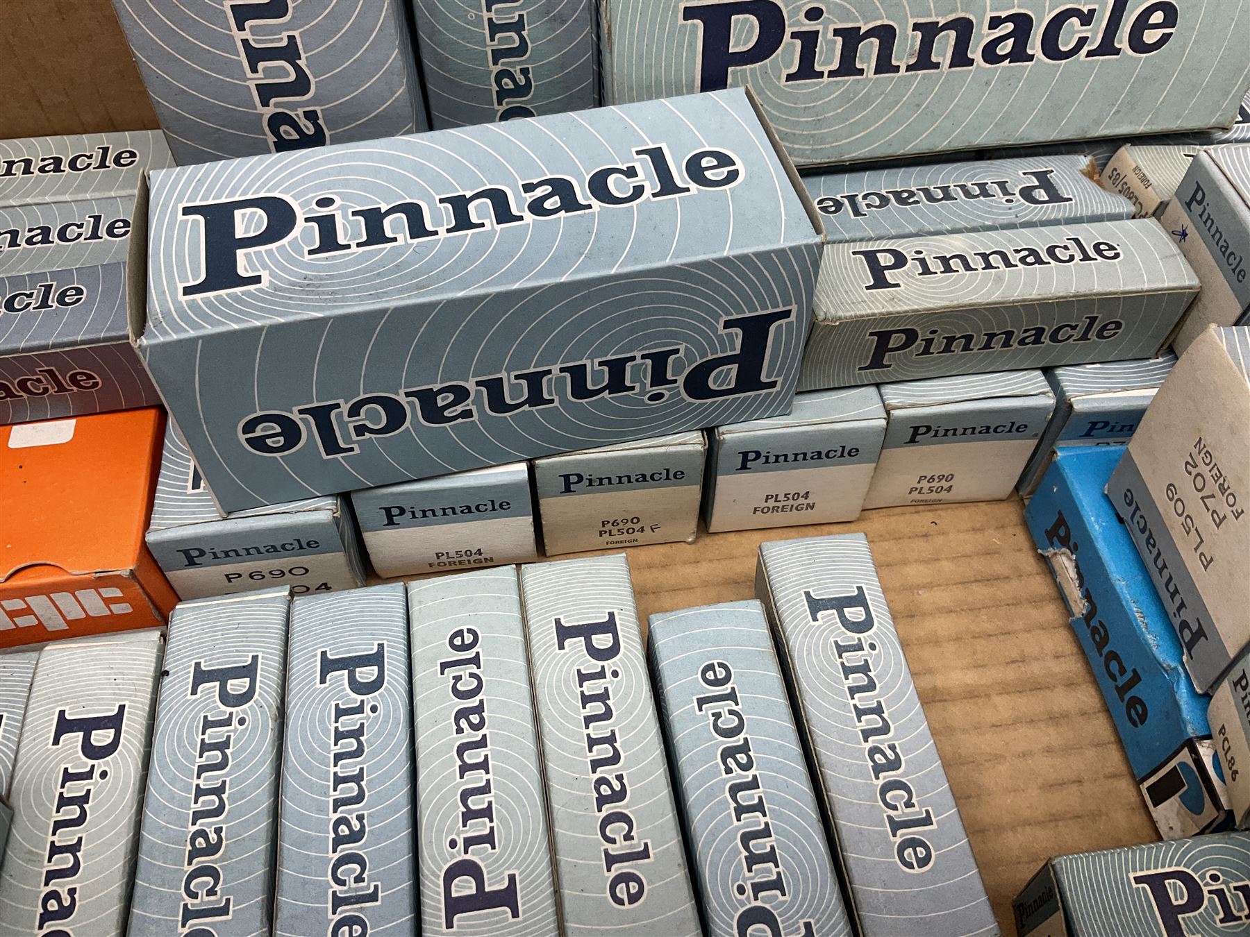Collection of Pinnacle thermionic radio valves/vacuum tubes including PL509, PL519, PY500A, PL608, PCL86, the majority in original boxes, approximately 105 