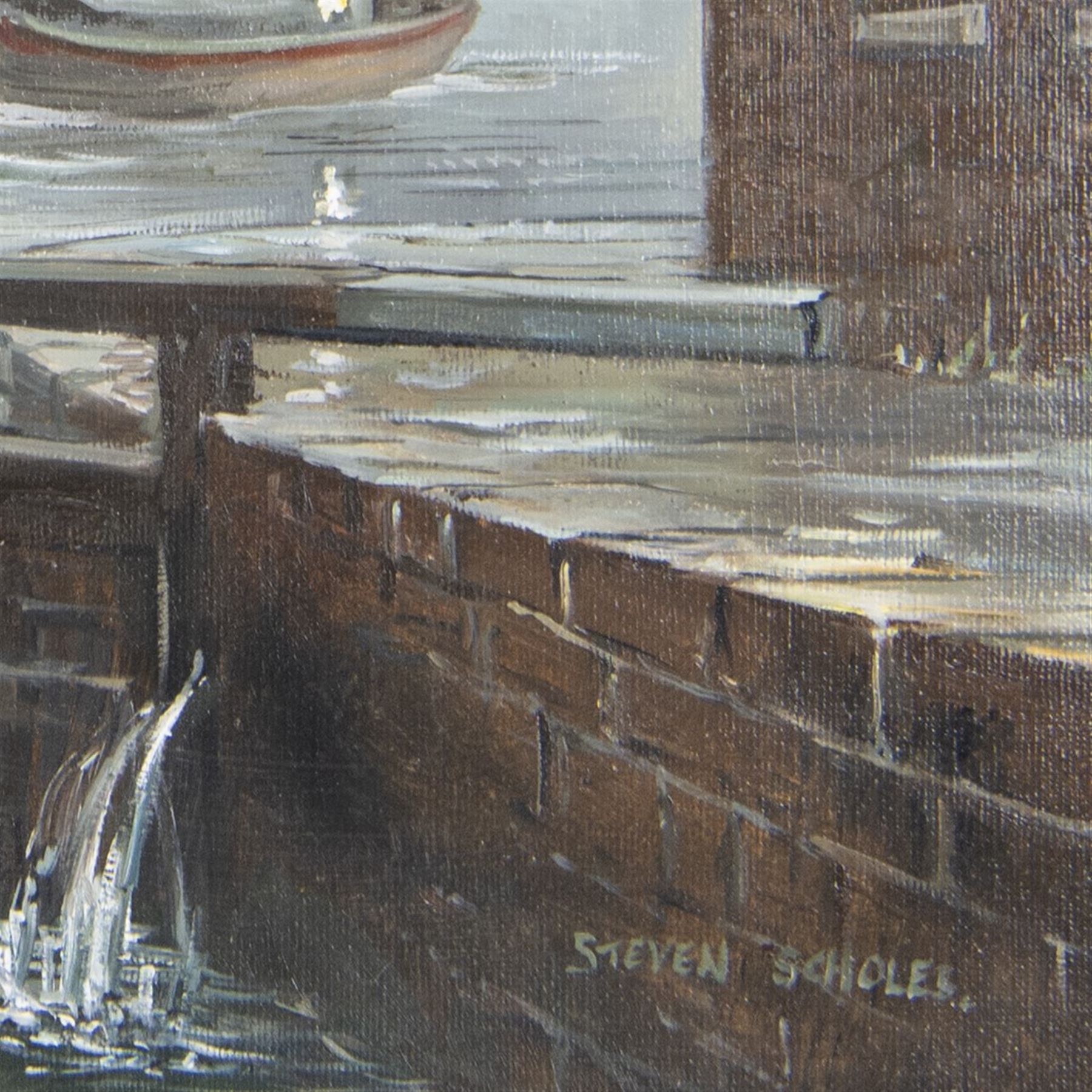 Steven Scholes (Northern British 1952-): 'The Rochdale Canal - Dale St Basin - Manchester 1962', oil on canvas signed, titled verso 29cm x 39cm