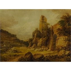 Francis Nicholson (British 1753-1844): 'Roslin Castle' near Edinburgh, watercolour unsigned 29.5cm x 39.5cm
Provenance: private collection; exh. The National Trust Killerton House Exeter 2015 'Francis Nicholson the Killerton Drawing Master'; inscribed verso 'From the Collection of Randall Davies'. Davies edited the annual volume of the Old Watercolour Society's Club, in 1931 he published an invaluable account of Nicholson's life based upon surviving letters and correspondence owned by members of the family