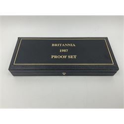 The Royal Mint United Kingdom 1987 Britannia gold proof coin set, comprising one ounce, half ounce, quarter ounce and one tenth of an ounce fine gold coins, cased with certificate