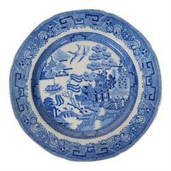 Collection of ten blue and white transfer plates, including two in Italian pattern with floral boarder, together with Willow pattern 