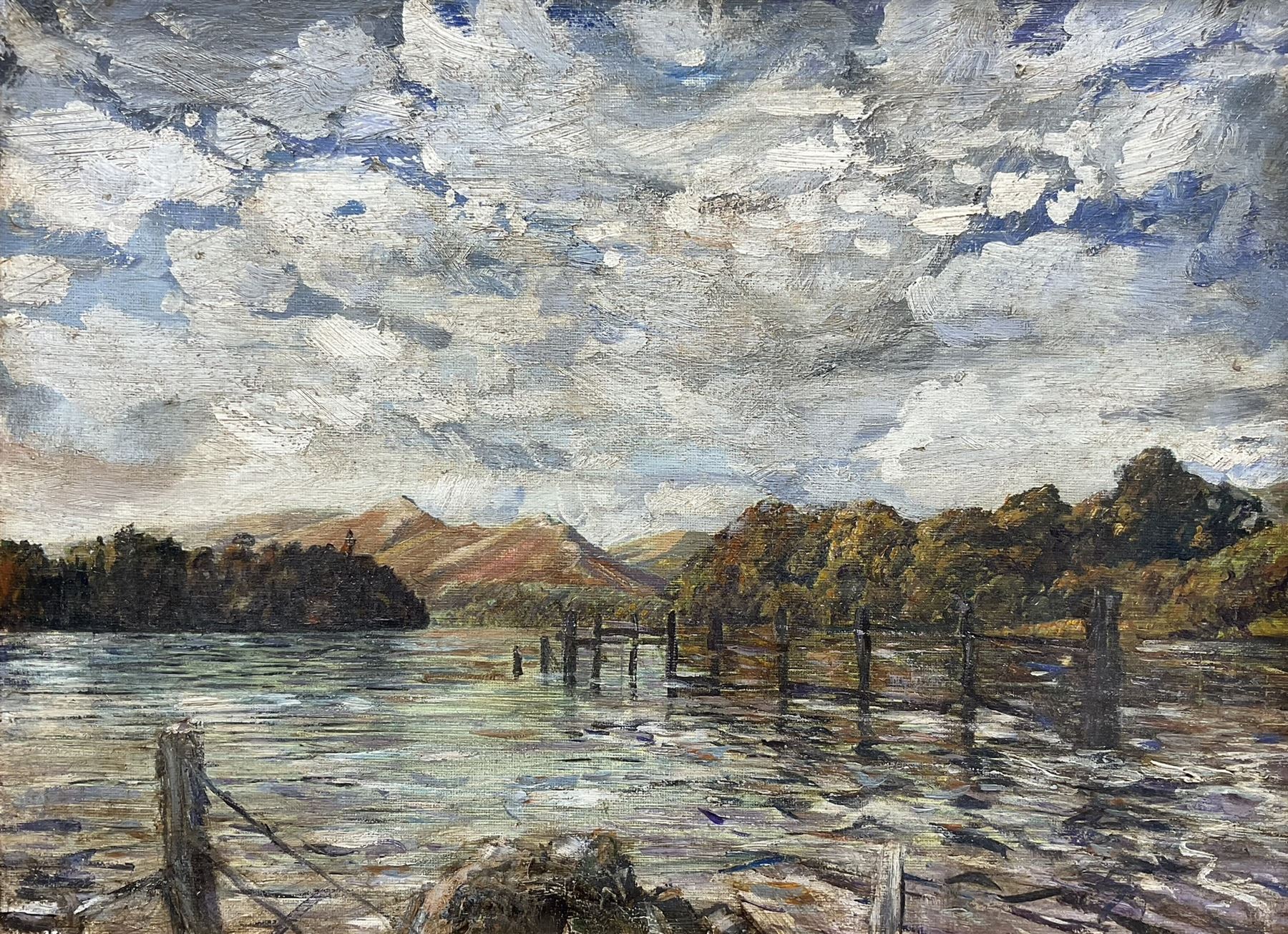 Adam Francis Watson (Sheffield 1859-1932): Catbells from Derwentwater, oil on canvas unsigned 30cm x 40cm 
Notes: Watson was an important Sheffield-based architect, one half of the architectural firm Holmes and Watson alongside Edward Holmes (1859-1921). Together, they were responsible for many fine public and private buildings in the north of England. Watson was also an accomplished painter, although left the majority of his works unsigned. We are grateful to the artist's estate for their assistance in cataloguing this lot.