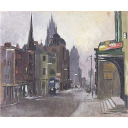 Kenneth Cozens (British 1920-2000): City Street at Night, oil on canvas board signed 50cm x 61cm (unframed)