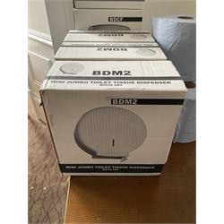 Pair of centrefeed towel dispensers and three mini jumbo toilet tissue dispensers with three blue paper rolls- LOT SUBJECT TO VAT ON THE HAMMER PRICE - To be collected by appointment from The Ambassador Hotel, 36-38 Esplanade, Scarborough YO11 2AY. ALL GOODS MUST BE REMOVED BY WEDNESDAY 15TH JUNE.