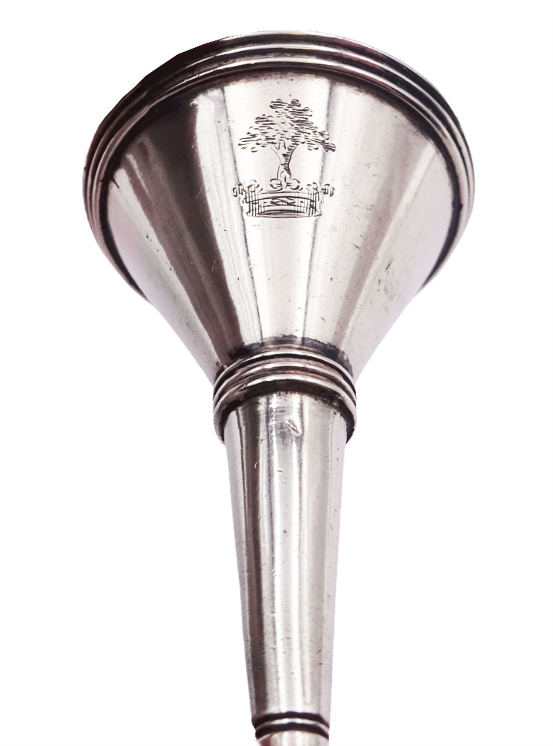 Small George III silver funnel, probably an apothecary or chemist funnel, or a perfume funnel, of typical plain form, with engraved crest, hallmarked London 1792, makers mark worn and indistinct, approximate weight 0.37 ozt (11.6 grams)
