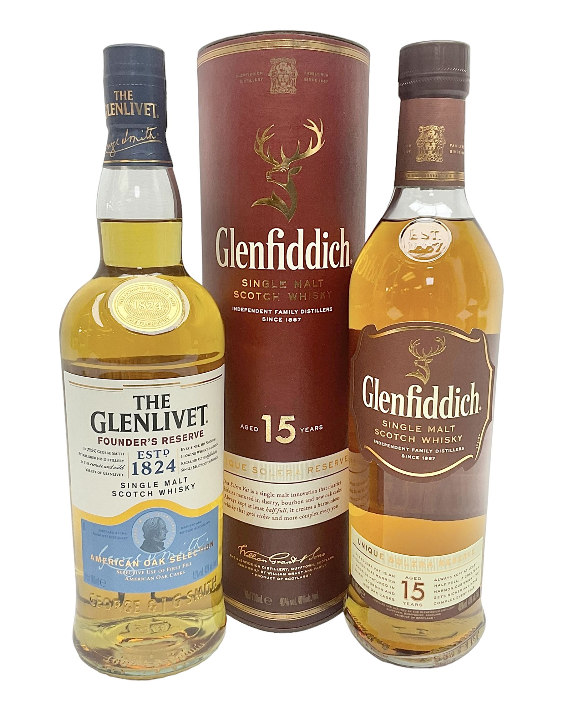 Glenlivet, Founders Reserve, single malt Scotch whisky, 70cl, 40% vol and Glenfiddich, 15 year old Solera Reserve, single Scotch whisky, 70cl, 40% vol