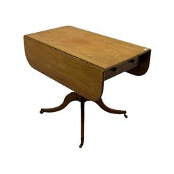 Early 19th century mahogany Pembroke, drop leaf rectangular top, fitted with drawer to each end, turned column with four splayed supports, brass cups and castors