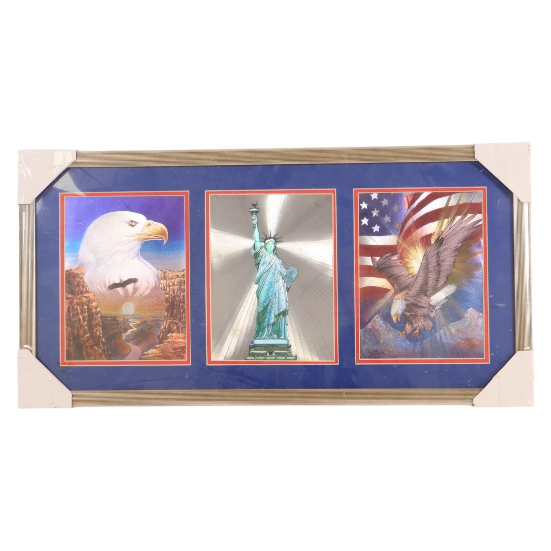 Limited Edition 'The Majestic Bald Eagle' by Ronald Van Ruyckevelt, Franklin Mint American Glory eagle figure by Ronald Van Reuykebelt, metallic bald eagle American montage and other eagle collectables, in one box