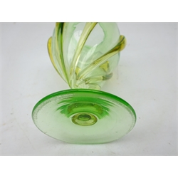  Early 20th century green pedestal glass vase with yellow tears, in the style of Harry Powell for Whitefriars, H17.5cm  