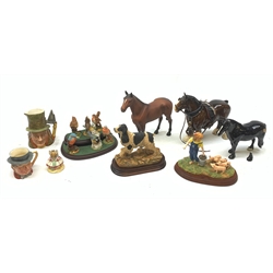 Three Beswick horses comprising: 'The Winner' no. 2421,  Shire Horse and Dale Pony (a/f), Border Fine Arts group 'Feeding Piglets' A5030, Beswick Beatrix Potter figure,  set of six Royal Doulton birds on stand etc 