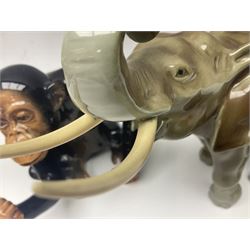 Large Sylvac monkey together with three smaller monkeys, together with Beswick Pigeon no 1383, Melba Ware hippo and baby and Royal Dux elephant 