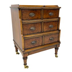 Small Georgian design walnut waterfall correspondence chest, the reed moulded top with raised back, fitted with three drawers each disguised as two small drawers, the interiors with sloping divisions, on turned feet with brass cups and castors