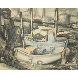 Guy Burn (British 20th Century). 'Polperro Harbour', mixed media signed and dated 1950, ti...