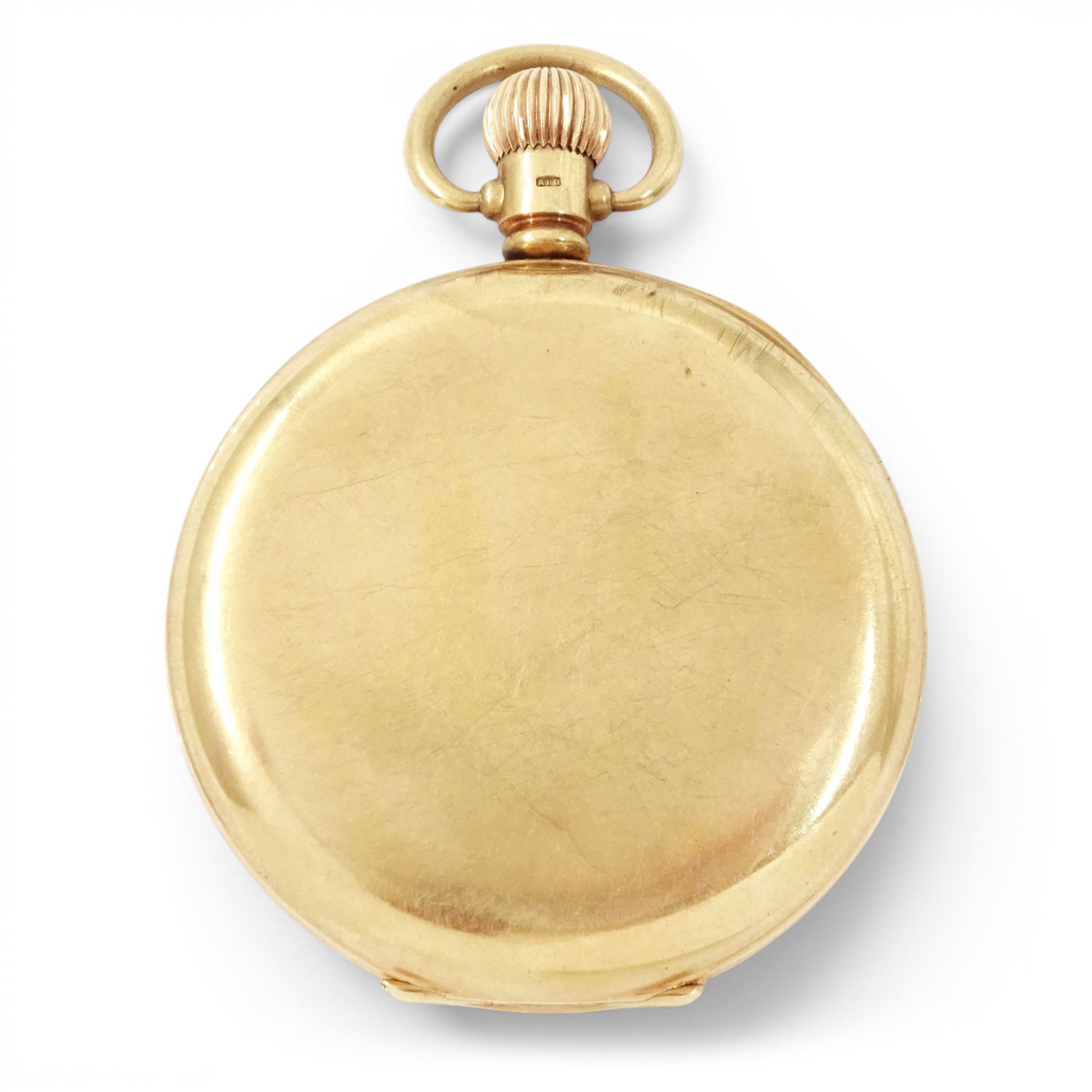 Early 20th century 9ct rose gold full hunter P.S. Bartlett keyless lever presentation pocket watch by American Watch Company, Massachusetts, No. 24920167, white enamel dial with Roman numeral hour markers and subsidiary seconds dial, retailed by W. Greenwood & Sons Leeds & Huddersfield, front case engraved with initials CHL by Dennison, Birmingham 1928, with original receipt