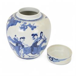 Late 19th century Chinese blue and white ginger jar, of ovoid form with flat topped circular cover, the body decorated with a geisha on reindeer with attendant in a landscape setting, with apocryphal Kangxi mark beneath, H24cm