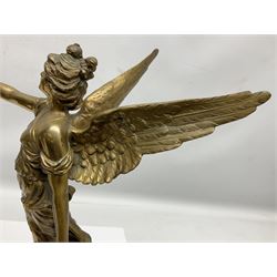 After Oswald Schimmelpfennig (German, 1872-1939): Pair of gilt bronze winged Allegorical female figures, the first example with arm outstretched holding a branch, signed 'Schimmelpfennig 1900', the second with arm raised above her head holding a book and sword in the other, both raised upon marble plinths, H45cm