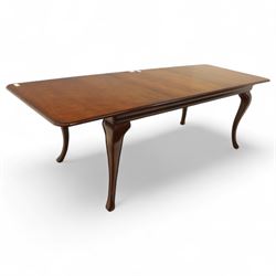 Willis & Gambier - mahogany extending dining table, rectangular top with rounded corners on cabriole legs, with two 35cm extension leaves, four Willis & Gambier upholstered high back chairs and four mahogany chairs, upholstered in a stripped multi-coloured velvet fabric, with scroll-shaped top rail, lyre-shaped back splat on cabriole legs, chairs W46xD91x97cm (11) 