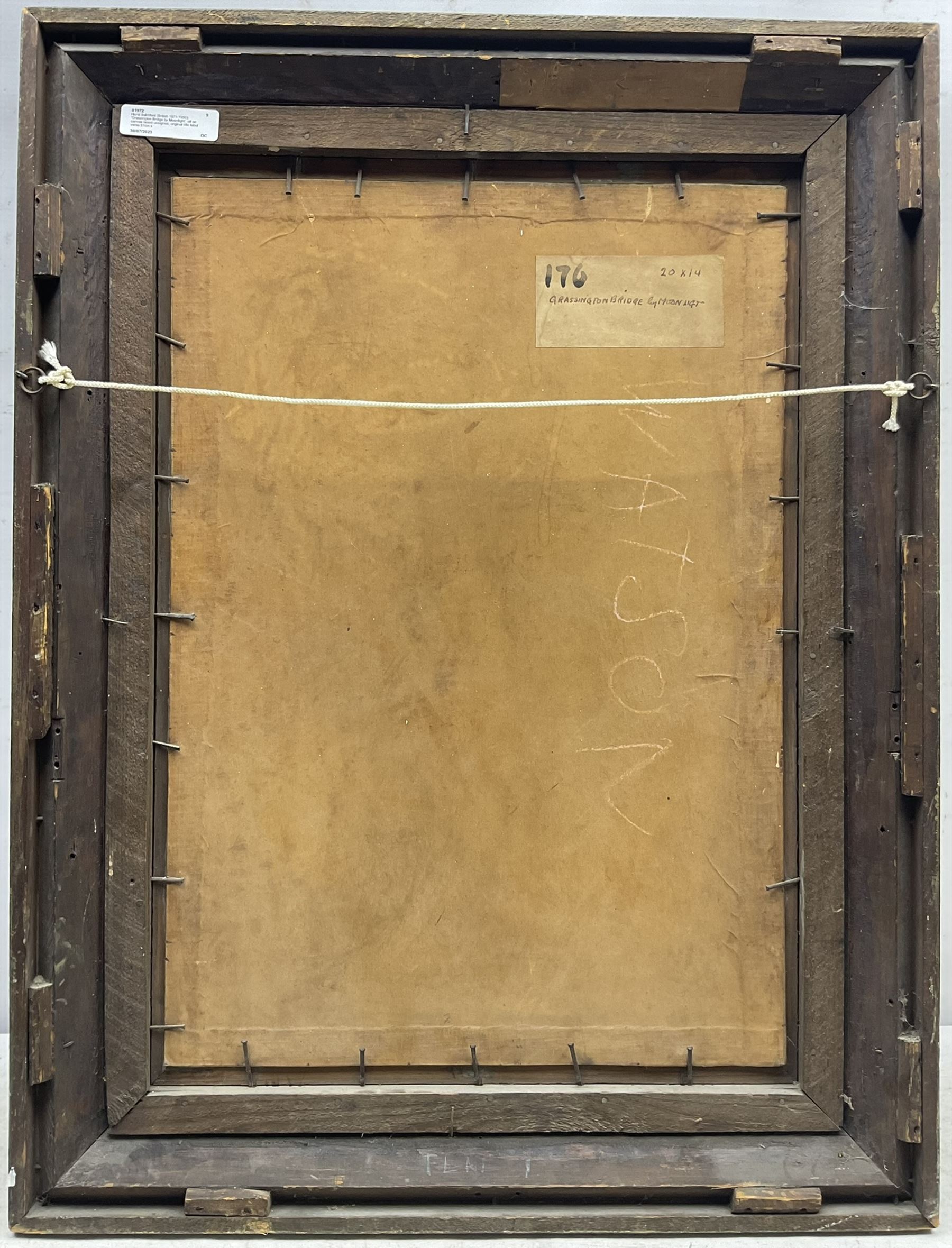 Hurst Balmford (British 1871-1950): 'Grassington Bridge by Moonlight', oil on canvas board unsigned, original title label verso 51cm x 35cm