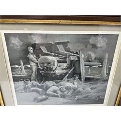 WW1 photogravure print depicting the VC action of Boy (1st Class) John Travers Cornwell mortally wounded in the Battle of Jutland May 31st 1916 34 x 41cm, walnut frame; and WW1 colour print entitled 'England's 1914-1919 Call' in simulated rosewood frame (2)