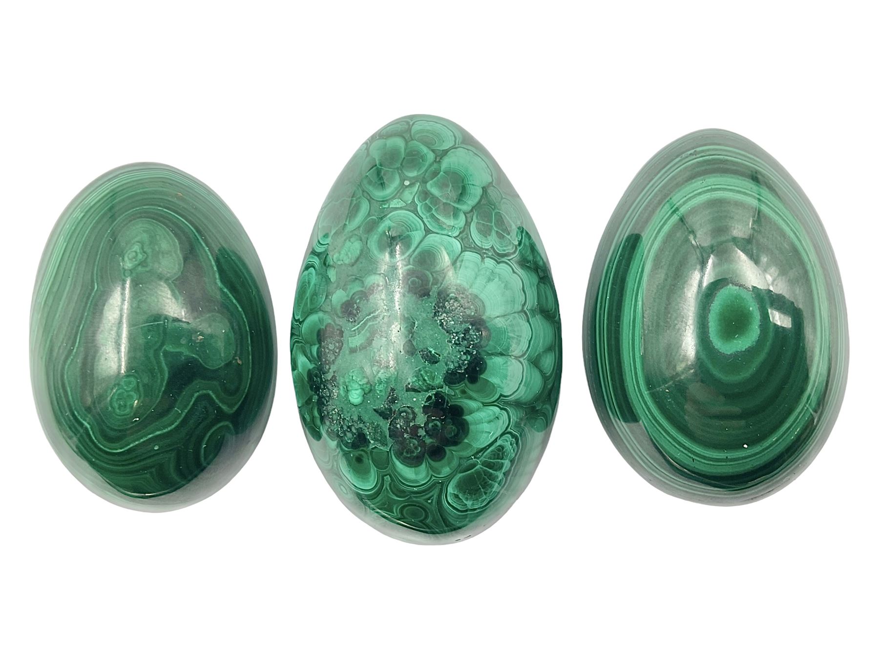 Three malicate specimen eggs, originally part of the collection of the late Stanley J Seeger, largest H7cm