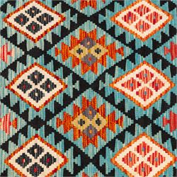 Afghan kilim cyan ground rug, the field with repeating lozenges containing geometric amber and ivory motifs with dark indigo borders, the citrine border with further geometric designs of contrasting tones