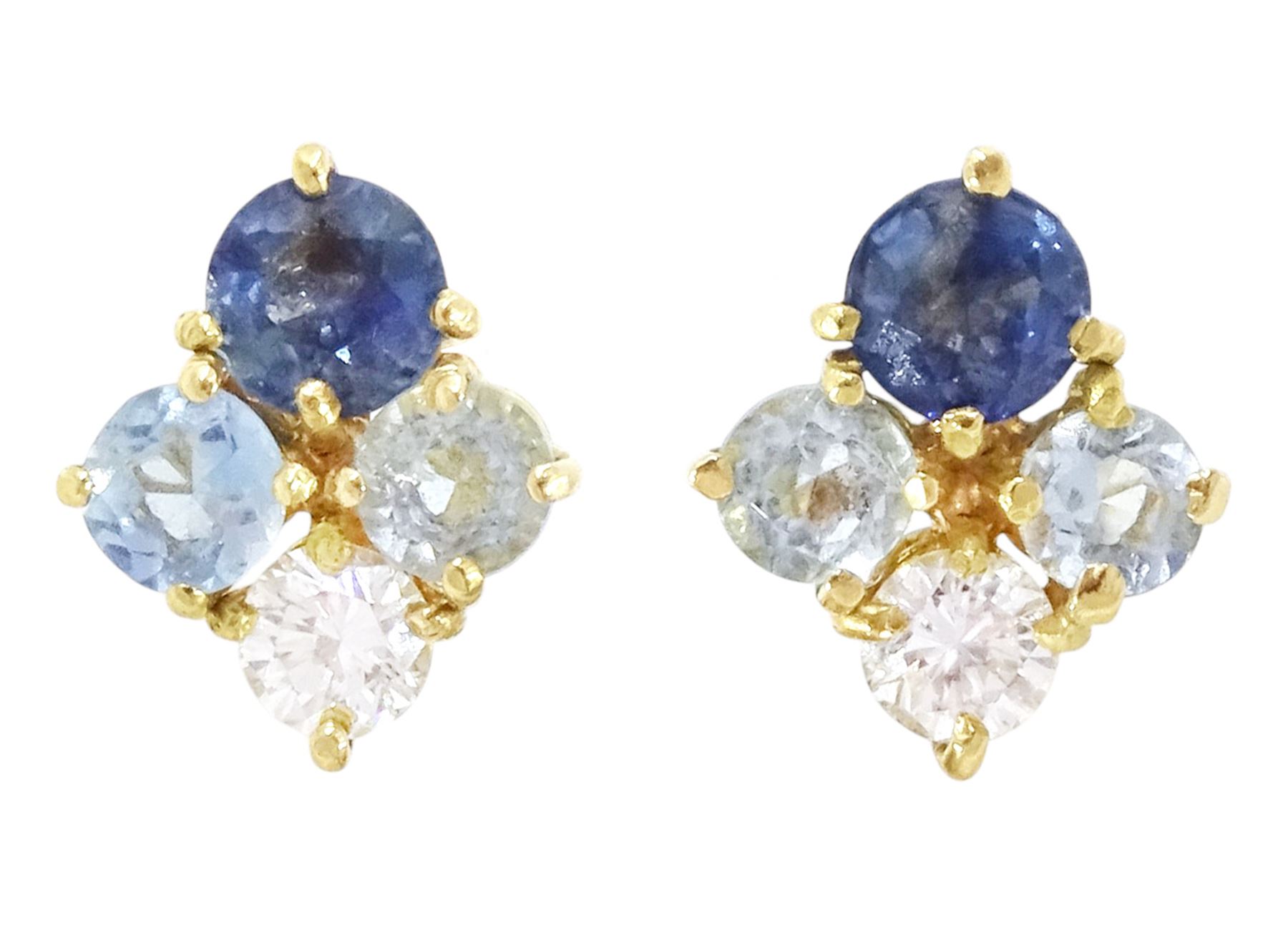 Pair of gold aquamarine, sapphire and diamond earrings, each stud set with a single sapphire, round brilliant cut diamond and two aquamarines, total diamond weight approx 0.20 carat