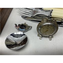 Mid 20th century cigarette box in the form of a gondola, the faux tortoiseshell with mother of pearl inlay (a/f), cased mantel clock with silvered numerical dial, oak lidded tea jar caddy, oak box, silver-plate cutlery, quantity of records, Smith's empire miniature clock, stamps etc