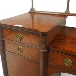 19th century mahogany Hepplewhite design pedestal sideboard or pair of bedside pedestals, each pedestal fitted with two drawers and cupboard, decorated with figured panelled doors and ebony stringing, curled leaf carved mounts over reeded half columns, on turned feet 