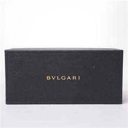 Bulgari - pair of oversized cat-eye sunglasses, with gradient tinted lenses in a black frame, the temples and arms with gold-tone hardware inset with pave-jewelled hinge detail, with original cloth pouch, hard leather case and box