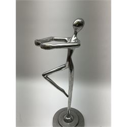 Trio of chrome figures of dancers, two upon square wooden plinths, tallest figure H45cm