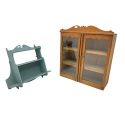 Small stripped pine glazed cabinet (W76cm, H83cm, D30cm), and a painted wall shelf