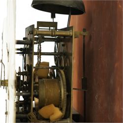Robert Miller of Perth-Mid 19th century 8-day Scottish mahogany longcase clock c1850 with a swan necked pediment and break-arch hood door beneath, flanked by ring turned pilasters with brass capitals, trunk with full-length recessed barley twist columns, moulded panels and a shaped door with a recessed panel, on a conforming plinth with a decorative base, fully painted dial with depictions of fruit to the spandrels and an image of a gardener to the arch, with Roman numerals, subsidiary seconds and date dials, makers name and original stamped brass hands, dial pinned to a two train weight driven movement with rack striking and a recoil anchor escapement, striking the hours on a bell. With pendulum and weights.   The pendulum bob is fully painted with a depiction of a country cottage, this is an interesting feature only found on Scottish longcase clocks from the 19th century. 
Robert Miller is recorded as working from New Row, Perth in 1841.