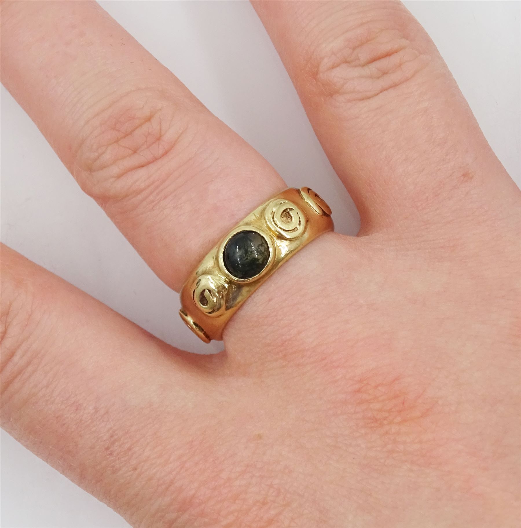 9ct gold bezel set moss agate ring by Jacqueline Warrington, hallmarked